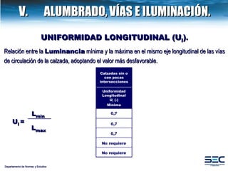 UNIFORMIDAD LONGITUDINAL (U l ) . Relación entre la  Luminancia  mínima y la máxima en el mismo eje longitudinal de las vías de circulación de la calzada, adoptando el valor más desfavorable.   L min L max U l   = Departamento de Normas y Estudios V.  ALUMBRADO,   VÍAS E ILUMINACIÓN. Calzadas sin o con pocas intersecciones Uniformidad Longitudinal U l  (-) Mínima 0,7 0,7 0,7 No requiere No requiere 