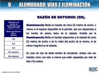 RAZ Ó N DE ENTORNO (SR). Iluminancia  Media en bandas de cinco (5) metros de ancho, o menos si el espacio disponible no lo permite, que son adyacentes a los bordes de ambos lados de la calzada, dividida por la  Iluminancia  Media en bandas adyacentes a la calzada de cinco (5) metros de ancho o de la mitad del ancho de la misma, el de menor magnitud en la calzada. En caso de vías de doble sentido de circulación, ambas vías son tratadas como una sola, a menos que estén separadas por más de diez (10) metros.   Departamento de Normas y Estudios V.  ALUMBRADO,   VÍAS E ILUMINACIÓN. Calzadas con aceras no iluminadas para clases P1 a P4 Razón de Entorno SR (-) Mínima 0,5 0,5 0,5 No requiere No requiere 