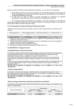 PROYECTO DE REPARACION DE FACHADAS EDIFICIO C/ GRAL ASTILLEROS, 91-93-95-97
                                                                                      Cumplimiento del CTE DB-SI


Según el apartado III del DB-SI. Criterios generales de aplicación., en sus puntos 6 y 8 se especifica:

     6. En las obras de reforma en las que se mantenga el uso, este DB debe aplicarse a los elementos del
        edificio modificados por la reforma, siempre que ello suponga una mayor adecuación a las condiciones
        de seguridad establecidas en este DB.
     8. En todo caso, las obras de reforma no podrán menoscabar las condiciones de seguridad
        preexistentes, cuando éstas sean menos estrictas que las contempladas en este DB.

        En el presente proyecto de Reparación de Fachadas, la actuación proyectada no menoscaba las
condiciones de seguridad preexistentes y los materiales utilizados en la reparación cumplen con la exigencias
del Documento Básico en cuanto a reacción al fuego.

3.2.1 Tipo de proyecto y ámbito de aplicación del documento básico

Definición del tipo de proyecto de que se trata, así como el tipo de obras previstas y el alcance de las
mismas.

   Tipo de proyecto (1)       Tipo de obras previstas                          3
                                                         Alcance de las obras ( )         Cambio de uso (4)
                                        (2 )

   Básico y Ejecución            Rehabilitación                Reforma parcial            NO
(1) Proyecto de obra; proyecto de cambio de uso; proyecto de acondicionamiento; proyecto de
    instalaciones; proyecto de apertura...
(2) Proyecto de obra nueva; proyecto de reforma; proyecto de rehabilitación; proyecto de consolidación
    o refuerzo estructural; proyecto de legalización...
(3) Reforma total; reforma parcial; rehabilitación integral...
 4
( ) Indíquese si se trata de una reforma que prevea un cambio de uso o no.

3.2.2 SECCIÓN SI 1: Propagación interior

Compartimentación en sectores de incendio

Los edificios y establecimientos estarán compartimentados en sectores de incendios en las condiciones
que se establecen en la tabla 1.1 de esta Sección, mediante elementos cuya resistencia al fuego
satisfaga las condiciones que se establecen en la tabla 1.2 de esta Sección.
A los efectos del cómputo de la superficie de un sector de incendio, se considera que los locales de
riesgo especial y las escaleras y pasillos protegidos contenidos en dicho sector no forman parte del
mismo.
Toda zona cuyo uso previsto sea diferente y subsidiario del principal del edificio o del establecimiento en
el que esté integrada debe constituir un sector de incendio diferente cuando supere los límites que
establece la tabla 1.1.
Se trata de un proyecto de reparación de fachadas y no se modifica ni el uso ni las
dependencias.

Locales de riesgo especial

Los locales y zonas de riesgo especial se clasifican conforme a tres grados de riesgo (alto, medio y
bajo) según los criterios que se establecen en la tabla 2.1 de esta Sección, cumpliendo las condiciones
que se establecen en la tabla 2.2 de esta Sección.
Se trata de un proyecto de reparación de fachadas y no se modifica ni el uso ni las
dependencias.


Reacción al fuego de elementos constructivos, decorativos y de mobiliario

Los elementos constructivos deben cumplir las condiciones de reacción al fuego que se establecen en la
tabla 4.1 de esta Sección.

                                                             Revestimiento
     Situación del elemento               De techos y paredes                  De suelos
                                        Norma            Proyecto          Norma         Proyecto

Zonas ocupables                         C-s2,d0             C-s2,d0                 EFL              EFL




                                                                                                                   23/177
 