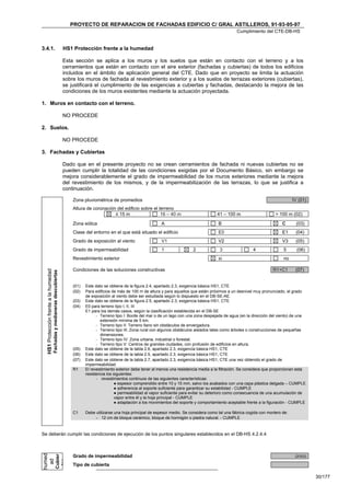 PROYECTO DE REPARACION DE FACHADAS EDIFICIO C/ GRAL ASTILLEROS, 91-93-95-97
                                                                                                                                                                        Cumplimiento del CTE-DB-HS


3.4.1.                                                                      HS1 Protección frente a la humedad

                                                                            Esta sección se aplica a los muros y los suelos que están en contacto con el terreno y a los
                                                                            cerramientos que están en contacto con el aire exterior (fachadas y cubiertas) de todos los edificios
                                                                            incluidos en el ámbito de aplicación general del CTE. Dado que en proyecto se limita la actuación
                                                                            sobre los muros de fachada al revestimiento exterior y a los suelos de terrazas exteriores (cubiertas),
                                                                            se justificará el cumplimiento de las exigencias a cubiertas y fachadas, destacando la mejora de las
                                                                            condiciones de los muros existentes mediante la actuación proyectada.

1. Muros en contacto con el terreno.

                                                                            NO PROCEDE

2. Suelos.

                                                                            NO PROCEDE

3. Fachadas y Cubiertas

                                                                            Dado que en el presente proyecto no se crean cerramientos de fachada ni nuevas cubiertas no se
                                                                            pueden cumplir la totalidad de las condiciones exigidas por el Documento Básico, sin embargo se
                                                                            mejora considerablemente el grado de impermeabilidad de los muros exteriores mediante la mejora
                                                                            del revestimiento de los mismos, y de la impermeabilización de las terrazas, lo que se justifica a
                                                                            continuación.

                                                                                Zona pluviométrica de promedios                                                                                        IV (01)
                                                                                Altura de coronación del edificio sobre el terreno
                                                                                                    ≤ 15 m                  16 – 40 m                         41 – 100 m                     > 100 m (02)

                                                                                Zona eólica                                     A                             B                                  C      (03)
                                                                                Clase del entorno en el que está situado el edificio                          E0                                 E1     (04)
                                                                                Grado de exposición al viento                   V1                            V2                                 V3     (05)
                                                                                Grado de impermeabilidad                        1                2             3                 4                5      (06)
                                                                                Revestimiento exterior                                                        si                                  no

                                                                                Condiciones de las soluciones constructivas                                                                 R1+C1       (07)
  HS1 Protección frente a la humedad
                                       Fachadas y medianeras descubiertas




                                                                                (01)   Este dato se obtiene de la figura 2.4, apartado 2.3, exigencia básica HS1, CTE
                                                                                (02)   Para edificios de más de 100 m de altura y para aquellos que están próximos a un desnivel muy pronunciado, el grado
                                                                                       de exposición al viento debe ser estudiada según lo dispuesto en el DB-SE-AE.
                                                                                (03)   Este dato se obtiene de la figura 2.5, apartado 2.3, exigencia básica HS1, CTE
                                                                                (04)   E0 para terreno tipo I, II, III
                                                                                       E1 para los demás casos, según la clasificación establecida en el DB-SE
                                                                                             - Terreno tipo I: Borde del mar o de un lago con una zona despejada de agua (en la dirección del viento) de una
                                                                                               extensión mínima de 5 km.
                                                                                             - Terreno tipo II: Terreno llano sin obstáculos de envergadura.
                                                                                             - Terreno tipo III: Zona rural con algunos obstáculos aislados tales como árboles o construcciones de pequeñas
                                                                                               dimensiones.
                                                                                             - Terreno tipo IV: Zona urbana, industrial o forestal.
                                                                                             - Terreno tipo V: Centros de grandes ciudades, con profusión de edificios en altura.
                                                                                (05)   Este dato se obtiene de la tabla 2.6, apartado 2.3, exigencia básica HS1, CTE
                                                                                (06)   Este dato se obtiene de la tabla 2.5, apartado 2.3, exigencia básica HS1, CTE
                                                                                (07)   Este dato se obtiene de la tabla 2.7, apartado 2.3, exigencia básica HS1, CTE una vez obtenido el grado de
                                                                                       impermeabilidad
                                                                                R1     El revestimiento exterior debe tener al menos una resistencia media a la filtración. Se considera que proporcionan esta
                                                                                       resistencia los siguientes:
                                                                                             - revestimientos continuos de las siguientes características:
                                                                                                       ● espesor comprendido entre 10 y 15 mm, salvo los acabados con una capa plástica delgada – CUMPLE
                                                                                                       ● adherencia al soporte suficiente para garantizar su estabilidad - CUMPLE
                                                                                                       ● permeabilidad al vapor suficiente para evitar su deterioro como consecuencia de una acumulación de
                                                                                                       vapor entre él y la hoja principal - CUMPLE
                                                                                                       ● adaptación a los movimientos del soporte y comportamiento aceptable frente a la figuración - CUMPLE

                                                                                C1     Debe utilizarse una hoja principal de espesor medio. Se considera como tal una fábrica cogida con mortero de:
                                                                                            - 12 cm de bloque cerámico, bloque de hormigón o piedra natural. - CUMPLE


Se deberán cumplir las condiciones de ejecución de los puntos singulares establecidos en el DB-HS 4.2.4.4



                                                                                                                                                                                                        único
humed

                                                       Cubier




                                                                                Grado de impermeabilidad
  ad

                                                        tas




                                                                                Tipo de cubierta

                                                                                                                                                                                                                 30/177
 