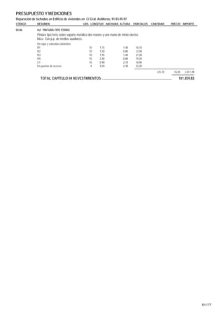 PRESUPUESTO Y MEDICIONES
Reparación de fachadas en Edificio de viviendas en C/ Gral. Astilleros, 91-93-95-97
CÓDIGO         RESUMEN                                UDS LONGITUD ANCHURA ALTURA               PARCIALES      CANTIDAD         PRECIO IMPORTE
04.06          m2 PINTURA TIPO FERRO
               Pintura tipo ferro sobre soporte metálico dos manos y una mano de minio electro-
               lítico. Con p.p. de medios auxiliares.
               En rejas y cancelas existentes
               R1                                          10       1,15               1,40       16,10
               R2                                          10       1,50               0,80       12,00
               R3                                          10       1,95               1,40       27,30
               R4                                          10       2,40               0,80       19,20
               C1                                          10       0,90               2,10       18,90
               En puertas de acceso                         4       3,50               2,30       32,20
                                                                                                                    125,70          16,05   2.017,49

                  TOTAL CAPÍTULO 04 REVESTIMIENTOS ..............................................................................      101.859,83




                                                                                                                                                       81/177
 