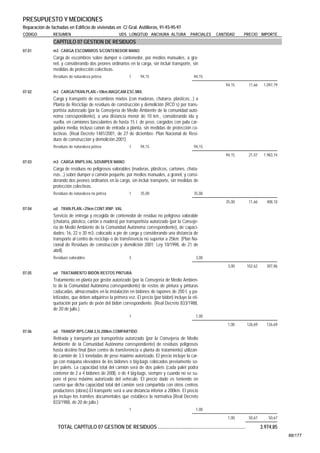 PRESUPUESTO Y MEDICIONES
Reparación de fachadas en Edificio de viviendas en C/ Gral. Astilleros, 91-93-95-97
CÓDIGO         RESUMEN                               UDS LONGITUD ANCHURA ALTURA               PARCIALES   CANTIDAD        PRECIO IMPORTE
               CAPÍTULO 07 GESTION DE RESIDUOS
07.01          m3 CARGA ESCOMBROS S/CONTENEDOR MANO
               Carga de escombros sobre dumper o contenedor, por medios manuales, a gra-
               nel, y considerando dos peones ordinarios en la carga, sin incluir transporte, sin
               medidas de protección colectivas.
               Residuos de naturaleza pétrea               1      94,15                          94,15
                                                                                                                94,15           11,66    1.097,79
07.02          m3 CARGA/TRAN.PLAN.<10km.MAQ/CAM.ESC.MIX.
               Carga y transporte de escombros mixtos (con maderas, chatarra, plásticos...) a
               Planta de Reciclaje de residuos de construcción y demolición (RCD´s) por trans-
               portista autorizado (por la Consejería de Medio Ambiente de la comunidad autó-
               noma correspondiente), a una distancia menor de 10 km., considerando ida y
               vuelta, en camiones basculantes de hasta 15 t. de peso, cargados con pala car-
               gadora media, incluso canon de entrada a planta, sin medidas de protección co-
               lectivas. (Real Decreto 1481/2001, de 27 de diciembre. Plan Nacional de Resi-
               duos de construcción y demolición.2001)
               Residuos de naturaleza pétrea               1      94,15                          94,15
                                                                                                                94,15           21,07    1.983,74
07.03          m3 CARGA RNPS.VAL.S/DUMPER MANO
               Carga de residuos no peligrosos valorables (maderas, plásticos, cartones, chata-
               rras...) sobre dumper o camión pequeño, por medios manuales, a granel, y consi-
               derando dos peones ordinarios en la carga, sin incluir transporte, sin medidas de
               protección colectivas.
               Residuos de naturaleza no pétrea            1      35,00                          35,00
                                                                                                                35,00           11,66      408,10
07.04          ud TRAN.PLAN.<25km.CONT.RNP. VAL
               Servicio de entrega y recogida de contenedor de residuo no peligroso valorable
               (chatarra, plástico, cartón o madera) por transportista autorizado (por la Conseje-
               ría de Medio Ambiente de la Comunidad Autónoma correspondiente), de capaci-
               dades: 16, 22 o 30 m3, colocado a pie de carga y considerando una distancia de
               transporte al centro de reciclaje o de transferencia no superior a 25km. (Plan Na-
               cional de Residuos de construcción y demolición 2001; Ley 10/1998, de 21 de
               abril).
               Residuos valorables                         3                                      3,00
                                                                                                                  3,00         102,62      307,86
07.05          ud TRATAMIENTO BIDÓN RESTOS PINTURA
               Tratamiento en planta por gestor autorizado (por la Consejería de Medio Ambien-
               te de la Comunidad Autónoma correspondiente) de restos de pintura y pinturas
               caducadas, almacenados en la instalación en bidones de tapones de 200 l. y pa-
               letizados, que deben adquirirse la primera vez. El precio (por bidón) incluye la eti-
               quetación por parte de peón del bidón correspondiente. (Real Decreto 833/1988,
               de 20 de julio.)
                                                           1                                      1,00
                                                                                                                  1,00         126,69      126,69
07.06          ud TRANSP.RPS.CAM.3,5t.200km.COMPARTIDO
               Retirada y transporte por transportista autorizado (por la Consejería de Medio
               Ambiente de la Comunidad Autónoma correspondiente) de residuos peligrosos
               hasta destino final (bien centro de transferencia o planta de tratamiento) utilizan-
               do camión de 3,5 toneladas de peso máximo autorizado. El precio incluye la car-
               ga con máquina elevadora de los bidones o big-bags colocados previamente so-
               bre palets. La capacidad total del camión será de dos palets (cada palet podrá
               contener de 2 a 4 bidones de 200l), o de 4 big-bags, siempre y cuando no se su-
               pere el peso máximo autorizado del vehículo. El precio dado es teniendo en
               cuenta que dicha capacidad total del camión será compartida con otros centros
               productores (obras).El transporte será a una distancia inferior a 200km. El precio
               ya incluye los trámites documentales que establece la normativa.(Real Decreto
               833/1988, de 20 de julio.)
                                                           1                                      1,00
                                                                                                                  1,00          50,67       50,67

                  TOTAL CAPÍTULO 07 GESTION DE RESIDUOS ....................................................................            3.974,85
                                                                                                                                                    88/177
 