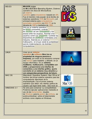62
MS-DO MS-DOS (siglas
de MicroSoft Disk Operating System, Sistema
operativo de disco de Microsoft) es
un sistema
operativo paracomputadoras basado en x86.
Fue el miembro más popular de la familia de
sistemas operativos DOS de Microsoft, y el
principal sistema para computadoras
personales compatible con IBM PC en la
década de 1980 y mediados de 1990
UNIX Unix es un sistema operativo
de tiempo compartido, controla
los recursos de una computadora y los
asigna entre los usuarios. Permite a los
usuarios correr sus programas. Controla los
dispositivos de periféricos conectados a la
máquina. Además es un sistema
multiusuario, en el que existe la portabilidad
para la implementación de distintas
computadoras
LINUX Linux es un sistema
operativo de software libre (no es
propiedad de ninguna persona o
empresa), por ende no es necesario comprar
una licencia para instalarlo y utilizarlo en un
equipo informático. Es un sistema
multitarea, multiusuario, compatible con
UNIX, y proporciona una interfaz de
comandos y una interfaz gráfica, que lo
convierte en un sistema muy atractivo y
con estupendas perspectivas de futuro.
MAC OS (Macintosh Operative System). Mac OS es el
nombre del primer sistema operativo para las
computadoras Macintosh de la
empresaApple. Fue el primer sistema
operativo que utilizó una interfaz gráfica de
usuario que logró tener éxito - See more at:
WINDOWS 3.1 Ha sido para conservar su compatibilidad.
Podemos ejecutar aplicaciones mediante el
uso de las herramientas visuales
de Windows para la gestión de archivos, se
podrá profundizar sobre el tratamientote
archivos como objetos en Windows.
 