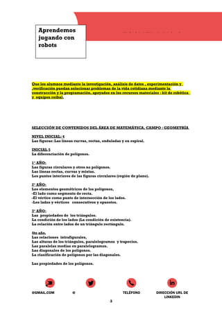 Aprendemos
jugando con
robots
ESCUELA N° 8
Que los alumnos mediante la investigación, análisis de datos , experimentación y
,verificación puedan solucionar problemas de la vida cotidiana mediante la
construcción y la programación, apoyados en los recursos materiales : kit de robótica
y equipos ceibal.
SELECCIÓN DE CONTENIDOS DEL ÁREA DE MATEMÁTICA, CAMPO : GEOMETRÍA
NIVEL INICIAL: 4
Las figuras: Las líneas curvas, rectas, onduladas y en espiral.
INICIAL 5
La diferenciación de polígonos.
1° AÑO:
Las figuras circulares y otros no polígonos.
Las líneas rectas, curvas y mixtas.
Los puntos interiores de las figuras circulares (región de plano).
2° AÑO:
Los elementos geométricos de los polígonos,
-El lado como segmento de recta.
-El vértice como punto de intersección de los lados.
-Los lados y vértices consecutivos y opuestos.
3° AÑO:
Las propiedades de los triángulos.
La condición de los lados (La condición de existencia).
La relación entre lados de un triángulo rectángulo.
4to año.
Las relaciones intrafigurales,
Las alturas de los triángulos, paralelogramos y trapecios.
Las paralelas medias en paralelogramos.
Las diagonales de los polígonos.
La clasificación de polígonos por las diagonales.
Las propiedades de los polígonos.
@GMAIL.COM @ TELÉFONO DIRECCIÓN URL DE
LINKEDIN
3
 