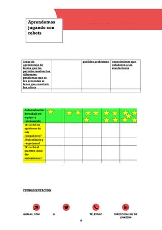 Aprendemos
jugando con
robots
ESCUELA N° 8
áreas de
aprendizaje de
forma que les
permite resolver los
diferentes
problemas que se
les presentan al
tener que construir
los robots
posibles problemas conocimiento que
colaboren a las
resoluciones
FUNDAMENTACIÓN
@GMAIL.COM @ TELÉFONO DIRECCIÓN URL DE
LINKEDIN
8
 