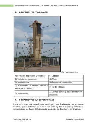 SAAVEDRA LUIS CARLOS ING.PETROLERA UAGRM
11 TECNOLOGIASNOCONVENCIONALESDEBOMBEO MECANICO:ROTAFLEX - DYNAPUMPS
1.3. COMPONENTES PRINCIPALES
Fig 8 componentes
1.4. COMPONENTES SUBSUPERFICIALES
Los componentes sub superficiales constituyen parte fundamental del equipo de
bombeo, que al instalarse en el fondo del pozo, ayudan a levantar y conducir la
producción de los fluidos del yacimiento, los cuales se describen a continuación.
 