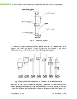 SAAVEDRA LUIS CARLOS ING.PETROLERA UAGRM
31 TECNOLOGIASNOCONVENCIONALESDEBOMBEO MECANICO:ROTAFLEX - DYNAPUMPS
Fig. 29 Sistema de cadena
La caja de contrapeso del equipo se encuentra fija a uno de los eslabones de la
cadena, por medio del carro inversor (mecanismo de reversa) y se mueve
solidariamente con éste en la carrera ascendente y descendente.
Fig. 30 Movimiento del contrapeso en el cambio de sentido de carrera
A su vez, la caja de contrapeso se encuentra conectada a una correa de carga
(banda flexible) que se desliza sobre el tambor giratorio durante el ciclo de bombeo
y transmite la fuerza a la varilla pulida mediante el cable de la brida (Figura 2.39).
 