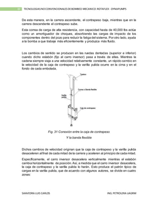 SAAVEDRA LUIS CARLOS ING.PETROLERA UAGRM
32 TECNOLOGIASNOCONVENCIONALESDEBOMBEO MECANICO:ROTAFLEX - DYNAPUMPS
De esta manera, en la carrera ascendente, el contrapeso baja, mientras que en la
carrera descendente el contrapeso sube.
Esta correa de carga de alta resistencia, con capacidad hasta de 40,000 lbs actúa
como un amortiguador de choques, absorbiendo las cargas de impacto de los
componentes dentro del pozo para reducir la fatiga del sistema. Por otro lado, ayuda
a la bomba a que trabaje más eficientemente y produzca más fluido.
Los cambios de sentido se producen en las ruedas dentadas (superior e inferior)
cuando dicho eslabón (fijo al carro inversor) pasa a través de ellas. Mientras la
cadena siempre viaja a una velocidad relativamente constante, un rápido cambio en
la velocidad de la caja de contrapeso y la varilla pulida ocurre en la cima y en el
fondo de cada embolada.
Fig. 31 Conexión entre la caja de contrapeso
Y la banda flexible
Dichos cambios de velocidad originan que la caja de contrapeso y la varilla pulida
desaceleren al final de cada mitad de la carrera y aceleren al principio de cada mitad.
Específicamente, el carro inversor desacelera verticalmente mientras el eslabón
cambia horizontalmente de posición. Así, a medida que el carro inversor desacelera,
la caja de contrapeso y la varilla pulida lo harán. Esto produce el patrón típico de
cargas en la varilla pulida, que de acuerdo con algunos autores, se divide en cuatro
zonas:
 