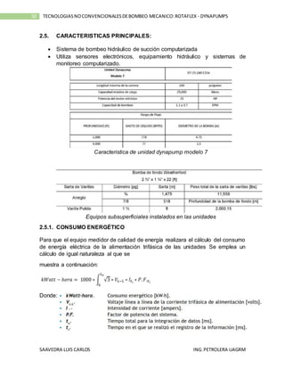 SAAVEDRA LUIS CARLOS ING.PETROLERA UAGRM
50 TECNOLOGIASNOCONVENCIONALESDEBOMBEO MECANICO:ROTAFLEX - DYNAPUMPS
2.5. CARACTERISTICAS PRINCIPALES:
 Sistema de bombeo hidráulico de succión computarizada
 Utiliza sensores electrónicos, equipamiento hidráulico y sistemas de
monitoreo computarizado.
Caracteristica de unidad dynapump modelo 7
Equipos subsuperficiales instalados en las unidades
2.5.1. CONSUMO ENERGÉTICO
Para que el equipo medidor de calidad de energía realizara el cálculo del consumo
de energía eléctrica de la alimentación trifásica de las unidades Se emplea un
cálculo de igual naturaleza al que se
muestra a continuación:
Donde:
 