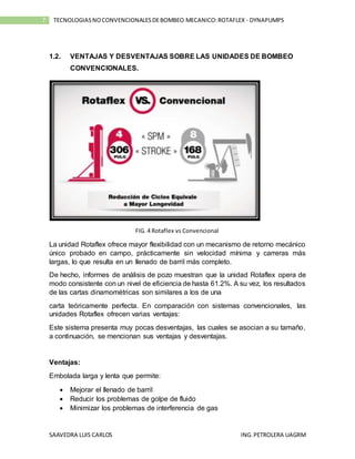 SAAVEDRA LUIS CARLOS ING.PETROLERA UAGRM
7 TECNOLOGIASNOCONVENCIONALESDEBOMBEO MECANICO:ROTAFLEX - DYNAPUMPS
1.2. VENTAJAS Y DESVENTAJAS SOBRE LAS UNIDADES DE BOMBEO
CONVENCIONALES.
FIG. 4 Rotaflex vs Convencional
La unidad Rotaflex ofrece mayor flexibilidad con un mecanismo de retorno mecánico
único probado en campo, prácticamente sin velocidad mínima y carreras más
largas, lo que resulta en un llenado de barril más completo.
De hecho, informes de análisis de pozo muestran que la unidad Rotaflex opera de
modo consistente con un nivel de eficiencia de hasta 61.2%. A su vez, los resultados
de las cartas dinamométricas son similares a los de una
carta teóricamente perfecta. En comparación con sistemas convencionales, las
unidades Rotaflex ofrecen varias ventajas:
Este sistema presenta muy pocas desventajas, las cuales se asocian a su tamaño,
a continuación, se mencionan sus ventajas y desventajas.
Ventajas:
Embolada larga y lenta que permite:
 Mejorar el llenado de barril
 Reducir los problemas de golpe de fluido
 Minimizar los problemas de interferencia de gas
 