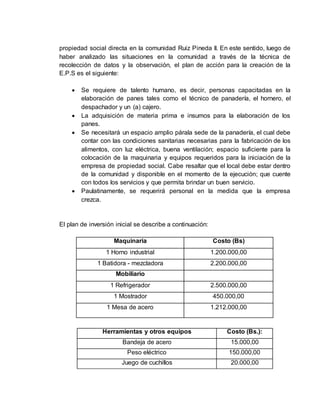 propiedad social directa en la comunidad Ruiz Pineda II. En este sentido, luego de
haber analizado las situaciones en la comunidad a través de la técnica de
recolección de datos y la observación, el plan de acción para la creación de la
E.P.S es el siguiente:
 Se requiere de talento humano, es decir, personas capacitadas en la
elaboración de panes tales como el técnico de panadería, el hornero, el
despachador y un (a) cajero.
 La adquisición de materia prima e insumos para la elaboración de los
panes.
 Se necesitará un espacio amplio párala sede de la panadería, el cual debe
contar con las condiciones sanitarias necesarias para la fabricación de los
alimentos, con luz eléctrica, buena ventilación; espacio suficiente para la
colocación de la maquinaria y equipos requeridos para la iniciación de la
empresa de propiedad social. Cabe resaltar que el local debe estar dentro
de la comunidad y disponible en el momento de la ejecución; que cuente
con todos los servicios y que permita brindar un buen servicio.
 Paulatinamente, se requerirá personal en la medida que la empresa
crezca.
El plan de inversión inicial se describe a continuación:
Maquinaria Costo (Bs)
1 Horno industrial 1.200.000,00
1 Batidora - mezcladora 2.200.000,00
Mobiliario
1 Refrigerador 2.500.000,00
1 Mostrador 450.000,00
1 Mesa de acero 1.212.000,00
Herramientas y otros equipos Costo (Bs.):
Bandeja de acero 15.000,00
Peso eléctrico 150.000,00
Juego de cuchillos 20.000,00
 