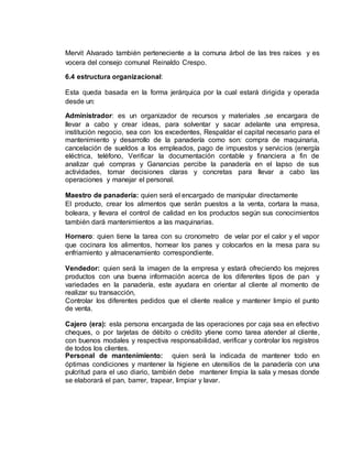 Mervit Alvarado también perteneciente a la comuna árbol de las tres raíces y es
vocera del consejo comunal Reinaldo Crespo.
6.4 estructura organizacional:
Esta queda basada en la forma jerárquica por la cual estará dirigida y operada
desde un:
Administrador: es un organizador de recursos y materiales ,se encargara de
llevar a cabo y crear ideas, para solventar y sacar adelante una empresa,
institución negocio, sea con los excedentes, Respaldar el capital necesario para el
mantenimiento y desarrollo de la panadería como son: compra de maquinaria,
cancelación de sueldos a los empleados, pago de impuestos y servicios (energía
eléctrica, teléfono, Verificar la documentación contable y financiera a fin de
analizar qué compras y Ganancias percibe la panadería en el lapso de sus
actividades, tomar decisiones claras y concretas para llevar a cabo las
operaciones y manejar el personal.
Maestro de panadería: quien será el encargado de manipular directamente
El producto, crear los alimentos que serán puestos a la venta, cortara la masa,
boleara, y llevara el control de calidad en los productos según sus conocimientos
también dará mantenimientos a las maquinarias.
Hornero: quien tiene la tarea con su cronometro de velar por el calor y el vapor
que cocinara los alimentos, hornear los panes y colocarlos en la mesa para su
enfriamiento y almacenamiento correspondiente.
Vendedor: quien será la imagen de la empresa y estará ofreciendo los mejores
productos con una buena información acerca de los diferentes tipos de pan y
variedades en la panadería, este ayudara en orientar al cliente al momento de
realizar su transacción,
Controlar los diferentes pedidos que el cliente realice y mantener limpio el punto
de venta.
Cajero (era): esla persona encargada de las operaciones por caja sea en efectivo
cheques, o por tarjetas de débito o crédito ytiene como tarea atender al cliente,
con buenos modales y respectiva responsabilidad, verificar y controlar los registros
de todos los clientes.
Personal de mantenimiento: quien será la indicada de mantener todo en
óptimas condiciones y mantener la higiene en utensilios de la panadería con una
pulcritud para el uso diario, también debe mantener limpia la sala y mesas donde
se elaborará el pan, barrer, trapear, limpiar y lavar.
 