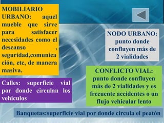 MOBILIARIO
URBANO:         aquel
mueble que sirve
para        satisfacer                NODO URBANO:
necesidades como el                     punto donde
descanso             ,                confluyen más de
seguridad,comunica                      2 vialidades
ción, etc, de manera
masiva.                           CONFLICTO VIAL:
                                 punto donde confluyen
Calles: superficie vial
                                 más de 2 vialidades y es
por donde circulan los
                                frecuente accidentes o un
vehiculos
                                   flujo vehicular lento
     Banquetas:superficie vial por donde circula el peatón
 