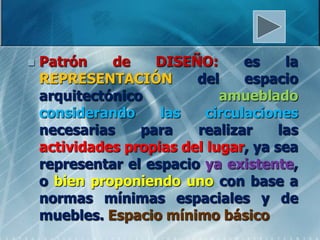    Patrón    de    DISEÑO:       es    la
    REPRESENTACIÓN        del     espacio
    arquitectónico            amueblado
    considerando     las    circulaciones
    necesarias    para    realizar     las
    actividades propias del lugar, ya sea
    representar el espacio ya existente,
    o bien proponiendo uno con base a
    normas mínimas espaciales y de
    muebles. Espacio mínimo básico
 