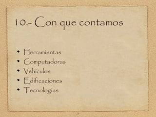 10.- Con que contamos

 Herramientas
 Computadoras
 Vehículos
 Edificaciones
 Tecnologías


                 25
 
