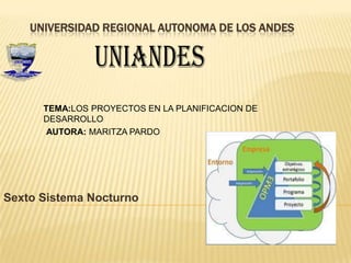 UNIVERSIDAD REGIONAL AUTONOMA DE LOS ANDES

uniandes
TEMA:LOS PROYECTOS EN LA PLANIFICACION DE
DESARROLLO
AUTORA: MARITZA PARDO

Sexto Sistema Nocturno

 