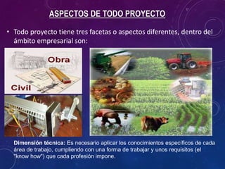 ASPECTOS DE TODO PROYECTO
• Todo proyecto tiene tres facetas o aspectos diferentes, dentro del
ámbito empresarial son:
Dimensión técnica: Es necesario aplicar los conocimientos específicos de cada
área de trabajo, cumpliendo con una forma de trabajar y unos requisitos (el
"know how") que cada profesión impone.
 