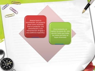 Avance hacia la
terminación. Un proyecto
tiene como resultado
final un producto, una
presentación o una
interpretación dirigida a
una audiencia específica.
Si es necesario, se
repiten los pasos de esta
sección hasta que todas
las metas parciales se
hayan alcanzado
 