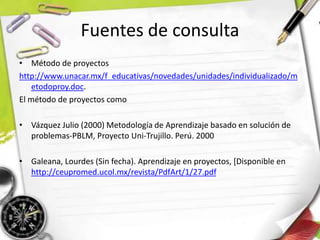 Fuentes de consulta
• Método de proyectos
http://www.unacar.mx/f_educativas/novedades/unidades/individualizado/m
etodoproy.doc.
El método de proyectos como
• Vázquez Julio (2000) Metodología de Aprendizaje basado en solución de
problemas-PBLM, Proyecto Uni-Trujillo. Perú. 2000
• Galeana, Lourdes (Sin fecha). Aprendizaje en proyectos, [Disponible en
http://ceupromed.ucol.mx/revista/PdfArt/1/27.pdf
 