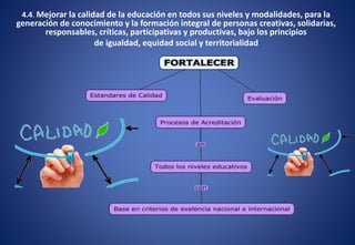 4.4. Mejorar la calidad de la educación en todos sus niveles y modalidades, para la
generación de conocimiento y la formación integral de personas creativas, solidarias,
responsables, críticas, participativas y productivas, bajo los principios
de igualdad, equidad social y territorialidad
 