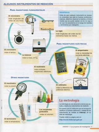 ALGUNOS INSTRUMENTOS DE MEDICIÓN
PARA MAGNITUDES FUNDAMENTALES
El micrómetro
mide longitudes del
orden de una micra.
El cronómetro
mide el tiempo.
La balanza
mide la masa, en kg.
OTRAS MAGNITUDES
El manómetro
•
El termómetro
mide la temperatura.
El multímetro
mide múltiples
magnitudes eléctricas.
miden el volumen.
Advertencia
Antes de usar cualquier instrumento es necesa­
rio comprobar que esté en buenas condiciones.
Además, debemos observar la máxima y mínima
medida que se puede realizar con él, no vaya a
ser que nos excedamos en el rango de medidas
y terminemos por malograrlo.
La regla
mide longitudes del orden de los
milímetros hasta los metros.
PARA MAGNITUDES ELÉCTRICAS
El voltímetro
mide la diferencia de
potencial eléctrico.
El amperímetro
mide la intensidad de
corriente eléctrica.
La metrología
La metrología es una rama de la ciencia que es­
tudia y diseña los instrumentos de medición.
En nuestro país la institución que se encarga de
certificar la correcta calibración y calidad de los
instrumentos de medida es lndecopi, en su
área de metrología.
Puedes visitar su página web en:
http://www.indecopi.gob.pe
UNIDAD 1 / los proyectos de investigación 4
 