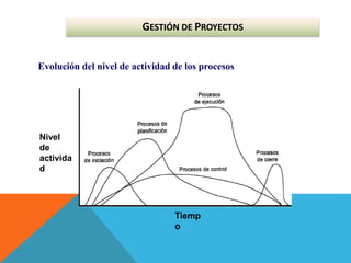 Nivel
de
activida
d
Tiemp
o
Evolución del nivel de actividad de los procesos
GESTIÓN DE PROYECTOS
 