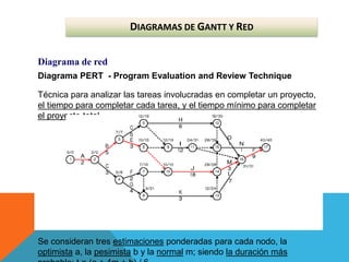 Diagrama de red
Diagrama PERT - Program Evaluation and Review Technique
Técnica para analizar las tareas involucradas en completar un proyecto,
el tiempo para completar cada tarea, y el tiempo mínimo para completar
el proyecto total.
Se consideran tres estimaciones ponderadas para cada nodo, la
optimista a, la pesimista b y la normal m; siendo la duración más
DIAGRAMAS DE GANTT Y RED
 