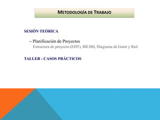 METODOLOGÍA DE TRABAJO
SESIÓN TEÓRICA
– Planificación de Proyectos
Estructura de proyecto (EDT), RR.HH, Diagrama de Gantt y Red
TALLER - CASOS PRÁCTICOS
 