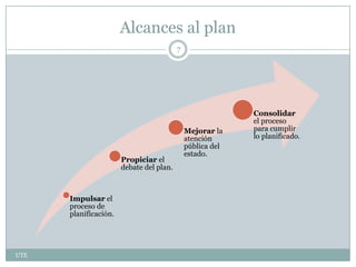 Alcances al plan
Impulsar el
proceso de
planificación.
Propiciar el
debate del plan.
Mejorar la
atención
pública del
estado.
Consolidar
el proceso
para cumplir
lo planificado.
7
UTE
 