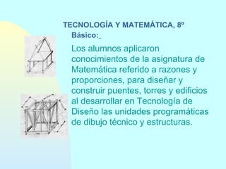 TECNOLOGÍA Y MATEMÁTICA, 8º
Básico:

Los alumnos aplicaron
conocimientos de la asignatura de
Matemática referido a razones y
proporciones, para diseñar y
construir puentes, torres y edificios
al desarrollar en Tecnología de
Diseño las unidades programáticas
de dibujo técnico y estructuras.

 