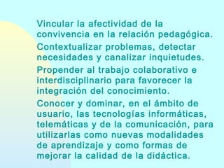 Vincular la afectividad de la
convivencia en la relación pedagógica.
Contextualizar problemas, detectar
necesidades y canalizar inquietudes.
Propender al trabajo colaborativo e
interdisciplinario para favorecer la
integración del conocimiento.
Conocer y dominar, en el ámbito de
usuario, las tecnologías informáticas,
telemáticas y de la comunicación, para
utilizarlas como nuevas modalidades
de aprendizaje y como formas de
mejorar la calidad de la didáctica.

 