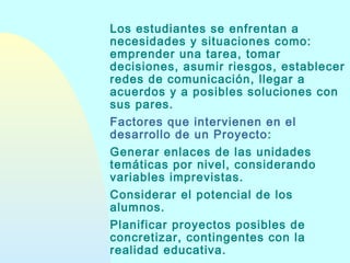 Los estudiantes se enfrentan a
necesidades y situaciones como:
emprender una tarea, tomar
decisiones, asumir riesgos, establecer
redes de comunicación, llegar a
acuerdos y a posibles soluciones con
sus pares.
Factores que intervienen en el
desarrollo de un Proyecto:
Generar enlaces de las unidades
temáticas por nivel, considerando
variables imprevistas.
Considerar el potencial de los
alumnos.
Planificar proyectos posibles de
concretizar, contingentes con la
realidad educativa.

 