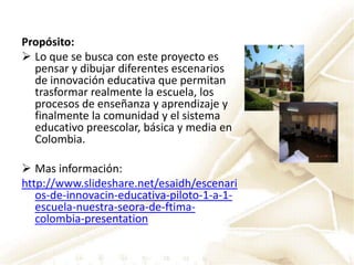 Población Beneficiada: Escuela Nuestra Señora de Fátima. Desarrollado: Por Universidad del Norte Mg. Eulises Domínguez. Unidad de Nuevas Tecnologías.Grupo de investigación a cargo de talleres :Dr. Fernando Segundo Iriarte Díaz-Granados.Co-Autor de comunicación :Dr. Elias Said Hung Departamento : Comunicación Social – Universidad del Norte.Problema: Un alto porcentaje de estudiantes presentan problemas en el uso eficiente de los ordenadores (hardware y software). Ello hace necesario la inclusión de talleres como los realizados desde los programas académicos.Propósito:Lo que se busca con este proyecto es pensar y dibujar diferentes escenarios de innovación educativa que permitan trasformar realmente la escuela, los procesos de enseñanza y aprendizaje y finalmente la comunidad y el sistema educativo preescolar, básica y media en Colombia.