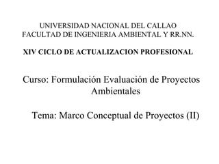 UNIVERSIDAD NACIONAL DEL CALLAO
FACULTAD DE INGENIERIA AMBIENTAL Y RR.NN.

XIV CICLO DE ACTUALIZACION PROFESIONAL


Curso: Formulación Evaluación de Proyectos
                Ambientales

  Tema: Marco Conceptual de Proyectos (II)
 