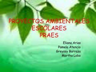 PROYECTOS AMBIENTALES
      ESCOLARES
        PRAES
                Eliana Arias
             Pamela Atencio
            Greyssy Barraza
               Martha Lobo
 