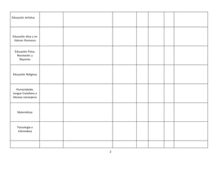 Educación Artística




Educación ética y en
 Valores Humanos



  Educación Física,
    Recreación y
     Deportes




 Educación Religiosa




    Humanidades,
 Lengua Castellana e
 Idiomas extranjeros




    Matemáticas




    Tecnología e
     Informática




                       2
 