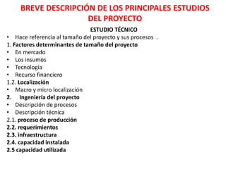 BREVE DESCRIPCIÓN DE LOS PRINCIPALES ESTUDIOS
DEL PROYECTO
ESTUDIO TÉCNICO
• Hace referencia al tamaño del proyecto y sus procesos .
1. Factores determinantes de tamaño del proyecto
• En mercado
• Los insumos
• Tecnología
• Recurso financiero
1.2. Localización
• Macro y micro localización
2. Ingeniería del proyecto
• Descripción de procesos
• Descripción técnica
2.1. proceso de producción
2.2. requerimientos
2.3. infraestructura
2.4. capacidad instalada
2.5 capacidad utilizada
 