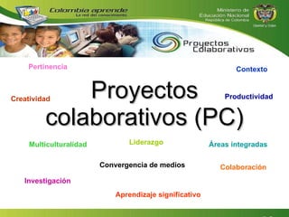 Proyectos colaborativos (PC) Multiculturalidad Investigación Áreas integradas Colaboración Liderazgo Pertinencia Aprendizaje significativo Contexto   Productividad Convergencia de medios Creatividad 
