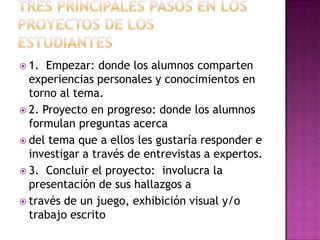  1.  Empezar: donde los alumnos comparten
  experiencias personales y conocimientos en
  torno al tema.
 2. Proyecto en progreso: donde los alumnos
  formulan preguntas acerca
 del tema que a ellos les gustaría responder e
  investigar a través de entrevistas a expertos.
 3. Concluir el proyecto: involucra la
  presentación de sus hallazgos a
 través de un juego, exhibición visual y/o
  trabajo escrito
 
