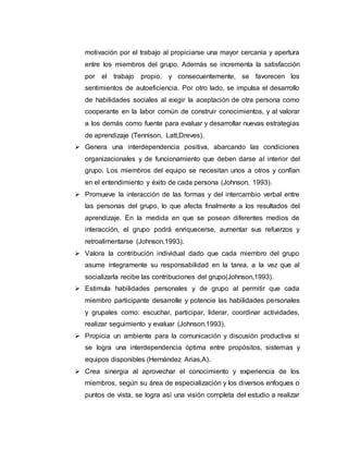 motivación por el trabajo al propiciarse una mayor cercanía y apertura
entre los miembros del grupo. Además se incrementa la satisfacción
por el trabajo propio, y consecuentemente, se favorecen los
sentimientos de autoeficiencia. Por otro lado, se impulsa el desarrollo
de habilidades sociales al exigir la aceptación de otra persona como
cooperante en la labor común de construir conocimientos, y al valorar
a los demás como fuente para evaluar y desarrollar nuevas estrategias
de aprendizaje (Tennison, Latt,Dreves).
 Genera una interdependencia positiva, abarcando las condiciones
organizacionales y de funcionamiento que deben darse al interior del
grupo. Los miembros del equipo se necesitan unos a otros y confían
en el entendimiento y éxito de cada persona (Johnson, 1993).
 Promueve la interacción de las formas y del intercambio verbal entre
las personas del grupo, lo que afecta finalmente a los resultados del
aprendizaje. En la medida en que se posean diferentes medios de
interacción, el grupo podrá enriquecerse, aumentar sus refuerzos y
retroalimentarse (Johnson,1993).
 Valora la contribución individual dado que cada miembro del grupo
asume íntegramente su responsabilidad en la tarea, a la vez que al
socializarla recibe las contribuciones del grupo(Johnson,1993).
 Estimula habilidades personales y de grupo al permitir que cada
miembro participante desarrolle y potencie las habilidades personales
y grupales como: escuchar, participar, liderar, coordinar actividades,
realizar seguimiento y evaluar (Johnson,1993).
 Propicia un ambiente para la comunicación y discusión productiva si
se logra una interdependencia óptima entre propósitos, sistemas y
equipos disponibles (Hernández Arias,A).
 Crea sinergia al aprovechar el conocimiento y experiencia de los
miembros, según su área de especialización y los diversos enfoques o
puntos de vista, se logra así una visión completa del estudio a realizar
 