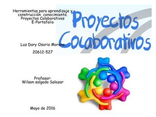 Herramientas para aprendizaje y
construcción conocimiento.
Proyectos Colaborativos
E-Portafolio
Luz Dary Osorio Moreno
20612-527
Profesor:
Wilson salgado Salazar
Mayo de 2016
 