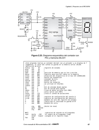 47Curso avanzado de Microcontroladores PIC •
Capítulo 2. Proyectos con el PIC16F84
RA3
RA2
RA1
RA0
RA4/TOCKI
MCLR
RB7
RB6
RB5
RB4
RB3
RB2
RB1
RB0
OSC1
OSC2
VDD
VSS
D
C
B
A
a
b
c
d
e
f
g
VCC
GND
100Ω
+5V
10K
RESET
+5V
PIC16F84
20pF
20pF
9368
Cátodo común
+5V
4MHz
1K
+5V
A0
A1
A2
VSS
VCC
WP
SCL
SDA
+5V
+5V
READ
24LC01
+5V
READ/WRITE
4.7K
+5V
2N3906
2.7K
8
7
6
5
1
2
3
4
13
12
11
10
9
8
7
6
16
15
5
14
2
1
18
17
6
2
1
7
16
13
12
11
10
9
15
14
83
3
4
Figura 2.23. Diagrama esquemático del contador con
PIC y memoria 24LC01
;Este programa realiza un contador decimal con un pulsador y un display de 7
;segmentos, el valor del conteo se guarda en la memoria serial 24LC01
;definición de bits
status equ 3h ;registro de estados
ptoa equ 5h ;
ptob equ 6h ;
addr equ 0dh ;posición de memoria que se lee o escribe
datao equ 0eh ;registro para escribir datos en la memoria
slave equ 0fh ;dirección del dispositivo en el bus I2C (1010xxx0)
txbuf equ 10h ;buffer de transmision
count equ 11h ;contador de bits
eeprom equ 12h ;buffer de bits
rxbuf equ 13h ;buffer de recepción
loops equ 15h ;se utilizan en retardos
loops2 equ 16h ;
di equ 7 ;bit de entrada desde eeprom
do equ 6 ;bit de salida para eeprom
sdata equ 6 ;linea de datos seriales (pin RB6)
sclk equ 7 ;reloj serial (pin RB7)
conta equ 17h ;lleva el conteo de pulsaciones
conta2 equ 18h
trisa equ 85h ;registro de configuración del puerto A
trisb equ 86h ;registro de configuración del puerto B
z equ 02h ;bandera de cero del registro de estados
w equ 00h ;indica que el resultado se guarda en W
c equ 00h ;bandera de carry
org 00h ;Vector de reset
goto INICIO
org 03h
WAIT ;subrutina de retardo en milisegundos
top2 movlw .110 ;el numero de milisegundos llega
movwf loops2 ;cargado en el registro loops
top nop
nop
 