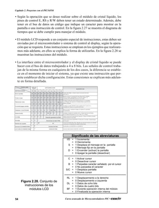 54 Curso avanzado de Microcontroladores PIC •
Capítulo 2. Proyectos con el PIC16F84
• Según la operación que se desee realizar sobre el módulo de cristal líquido, los
pines de control E, RS y R/W deben tener un estado determinado. Además, debe
tener en el bus de datos un código que indique un caracter para mostrar en la
pantalla o una instrucción de control. En la figura 2.27 se muestra el diagrama de
tiempos que se debe cumplir para manejar el módulo.
• El módulo LCD responde a un conjunto especial de instrucciones, estas deben ser
enviadas por el microcontrolador o sistema de control al display, según la opera-
ción que se requiera. Estas instrucciones se emplean en los ejemplos que realizare-
mos más adelante, en ellos se explica la forma de utilizarlas. En la figura 2.28 se
muestran las instrucciones del módulo.
• La interface entre el microcontrolador y el display de cristal líquido se puede
hacer con el bus de datos trabajando a 4 u 8 bits. Las señales de control traba-
jan de la misma forma en cualquiera de los dos casos, la diferencia se estable-
ce en el momento de iniciar el sistema, ya que existe una instrucción que per-
mite establecer dicha configuración. Estas conexiones se explican más adelan-
te en forma detallada.
INSTRUCCIONES
Control y dato Señal de
control
DATO/DIRECCION
Borrar pantalla
Cursor a casa
Seleccionar modo
Encender/apagar pantalla
Desplazar Cursor/Pantalla
Acticar función
CG RAM
Bandera de ocupado
Escritura CG RAM/DD RAM
LECTURA CG RAM/DD RAM
0 0 0 0 0 0 0 0 0 1
0 0 0 0 0 0 0 0 1 *
0 0 0 0 0 0 0 1 1/D 0
0 0 0 0 0 0 1 D C B
0 0 0 0 0 1 S/C R/L * *
0 0 0 0 1 D/L N F * *
0 0 0 1
0 0 1
0 0 BF
1 0
RS RW D7 D6 D5 D4 D3 D2 D1 D0
Dirección generador de RAM
Direcciónes de datos RAM
AC
Escritura de Dato
Lectura de Dato
DD RAM
1 1
Limpia todo display y retorna el cursor a la posición de inicio
(dirección 0)
Retorna el cursor a la posición de inicio (dirección 0). También
retorna el display, desplazándolo a la posición original. Los
contenidos de la RAM DD permanecen sin cambio.
Configura la dirección de movimiento del cursor y si se desplaza
o no el display. Esta operación es realizada durante operaciones de
lectura y escritura.
Configura el estado ON/OFF de todo el display (D), el cursor (C) y
el parpadeo del caracter en la posición del cursor.
Mueve el cursor y desplaza el display sin cambiar los contenidos
de la RAM DD.
Configura el tamaño de la interface (DL), el número de líneas del display
(N) y la fuente del caracter (F). N=0, 1 línea N=1, 2 líneas
Ajusta la dirección del generador de caracteres. El dato CG RAM es enviado y
recibido después de este ajuste.
Ajusta la dirección de la RAM DD. La dirección es enviada y recibida después
de este ajuste.
Lectura de la bandera Busy Flag, indicando que operaciones internas son realizadas,
y lectura de los contenidos del contador de direcciones.
Escribe datos en la RAM DD o en la RAM CG.
Lectura de datos desde la RAM DD o la RAM CG
DESCRIPCION
Figura 2.28. Conjunto de
instrucciones de los
módulos LCD
I/D = 1 Incrementa
= 0 Decrementa
S = 1 Desplaza el mensaje en la pantalla
= 0 Mensaje fijo en la pantalla
D = 1 Encender (activar) la pantalla
= 0 Apagar la pantalla (desactivar)
C = 1 Activar cursor
= 0 Desactivar cursor
B = 1 Parpadea caracter señalado por el cursor
= 0 No parpadea el caracter
S/C = 1 Desplaza pantalla
= 0 Mueve cursor
RL = 1 Desplazamiento a la derecha
= 0 Desplazamiento a izquierda
DL = 1 Datos de ocho bits
= 0 Datos de cuatro bits
BF = 1 Durante operación interna del módulo
= 0 Finalizada la operación interna
Significado de las abreviaturas
 