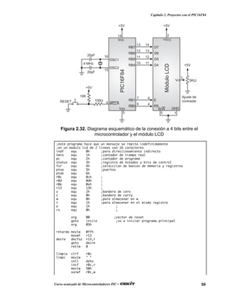 59Curso avanzado de Microcontroladores PIC •
Capítulo 2. Proyectos con el PIC16F84
3
5KΩ
Ajuste de
contraste
+5V
5 1
1620pF
20pF
4 MHz
15
RB7
RB6
RB5
RB4
RB1
RB0
PIC16F84
VDD
MCLR
OSC1
OSC2
VSS
5
14
D7
D6
D5
D4
E
RS
MóduloLCD
+VCC
2
+5V +5V
14
13
12
11
6
4
7
6
13
12
11
10
GNDR/W
VO
100Ω
+5V
10K
RESET 4
Figura 2.32. Diagrama esquemático de la conexión a 4 bits entre el
microcontrolador y el módulo LCD
;este programa hace que un mensaje se repita indefinidamente
;en un modulo lcd de 2 lineas con 16 caracteres
indf equ 0h ;para direccionamiento indirecto
tmro equ 1h ;contador de tiempo real
pc equ 2h ;contador de programa
status equ 3h ;registro de estados y bits de control
fsr equ 4h ;selecccion de bancos de memoria y registros
ptoa equ 5h ;puertos
ptob equ 6h
r0c equ 0ch ;
r0d equ 0dh ;
r0e equ 0eh ;
r13 equ 13h ;
z equ 2h ;bandera de cero
c equ 0h ;bandera de carry
w equ 0h ;para almacenar en w
r equ 1h ;para almacenar en el mismo registro
e equ 1h ;
rs equ 0h ;
org 00 ;vector de reset
goto inicio ;va a iniciar programa principal
org 05h
retardo movlw 0ffh
movwf r13
decre decfsz r13,r
goto decre
retlw 0
limpia clrf r0c
limpi movlw " "
call dato
incf r0c,r
movlw 50h
xorwf r0c,w
 