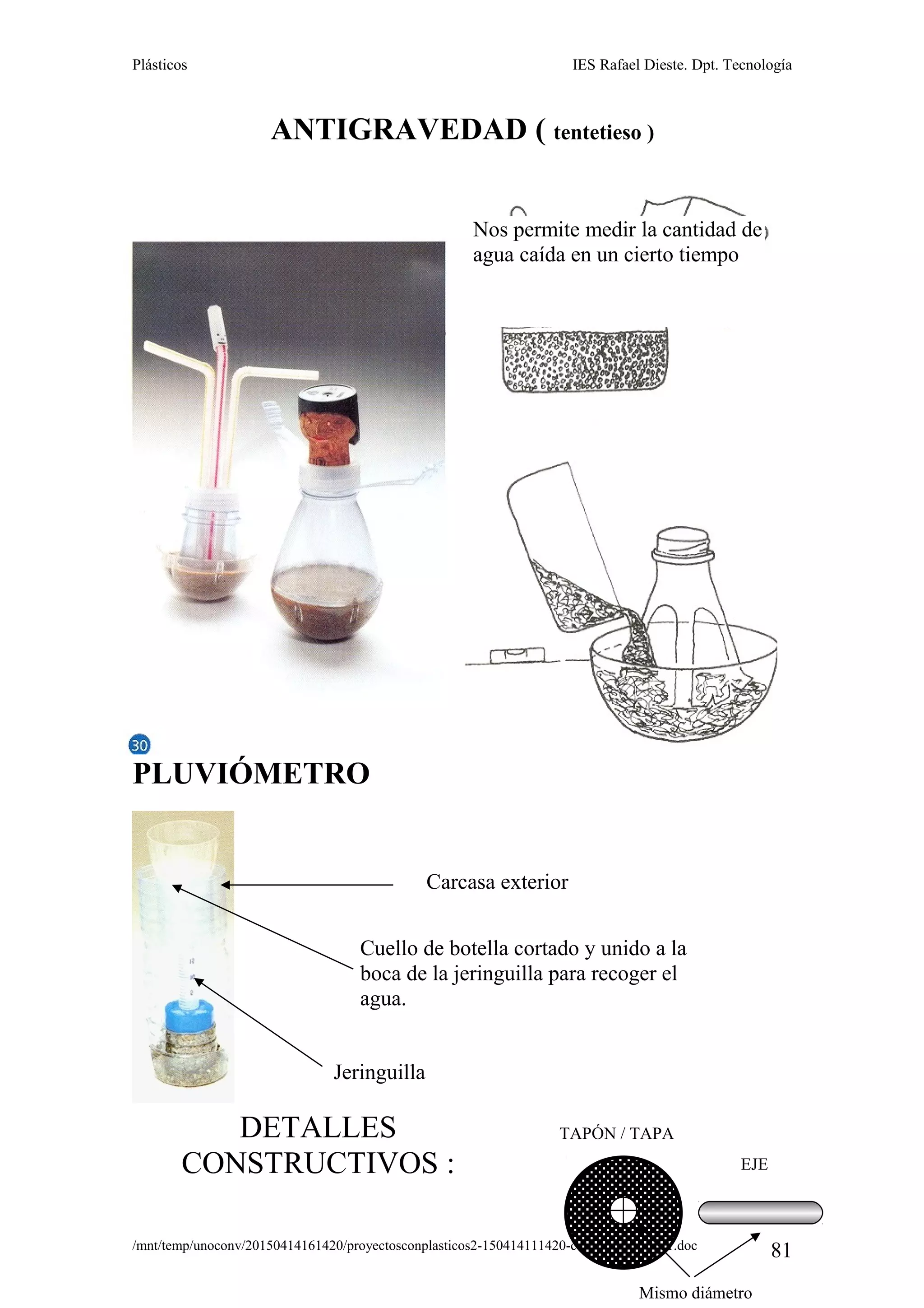 Plásticos IES Rafael Dieste. Dpt. Tecnología
ANTIGRAVEDAD ( tentetieso )
PLUVIÓMETRO
DETALLES
CONSTRUCTIVOS :
/mnt/temp/unoconv/20150414161420/proyectosconplasticos2-150414111420-conversion-gate01.doc
81
Mismo diámetro
EJE
TAPÓN / TAPA
Nos permite medir la cantidad de
agua caída en un cierto tiempo
Jeringuilla
Cuello de botella cortado y unido a la
boca de la jeringuilla para recoger el
agua.
Carcasa exterior
 