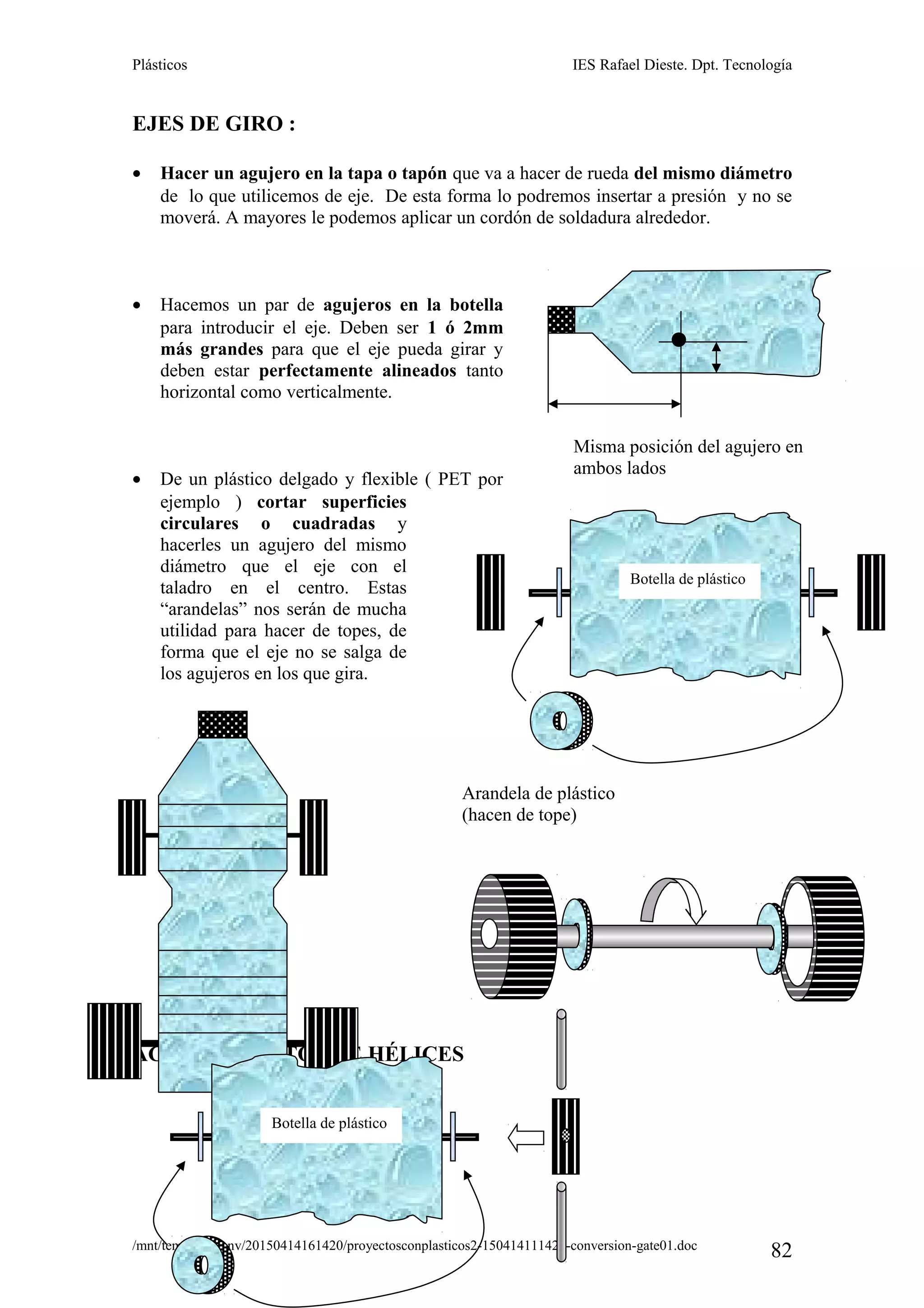 Plásticos IES Rafael Dieste. Dpt. Tecnología
EJES DE GIRO :
• Hacer un agujero en la tapa o tapón que va a hacer de rueda del mismo diámetro
de lo que utilicemos de eje. De esta forma lo podremos insertar a presión y no se
moverá. A mayores le podemos aplicar un cordón de soldadura alrededor.
• Hacemos un par de agujeros en la botella
para introducir el eje. Deben ser 1 ó 2mm
más grandes para que el eje pueda girar y
deben estar perfectamente alineados tanto
horizontal como verticalmente.
• De un plástico delgado y flexible ( PET por
ejemplo ) cortar superficies
circulares o cuadradas y
hacerles un agujero del mismo
diámetro que el eje con el
taladro en el centro. Estas
“arandelas” nos serán de mucha
utilidad para hacer de topes, de
forma que el eje no se salga de
los agujeros en los que gira.
ACOPLAMIENTOS DE HÉLICES
/mnt/temp/unoconv/20150414161420/proyectosconplasticos2-150414111420-conversion-gate01.doc
82
Arandela de plástico
(hacen de tope)
Botella de plástico
Botella de plástico
Misma posición del agujero en
ambos lados
 