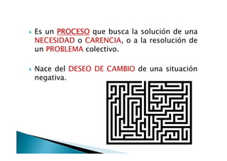 Es un PROCESO que busca la solución de una
NECESIDAD o CARENCIA, o a la resolución de
un PROBLEMA colectivo.

Nace del DESEO DE CAMBIO de una situación
negativa.
 