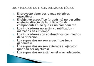 1.   El proyecto tiene dos o mas objetivos
     específicos.
2.   El objetivo específico (propósito) no describe
     el efecto directo de la utilización de
     componentes sino que es un componente
3.   Los indicadores no están cuantificados ni
     marcados en el tiempo.
4.   Los indicadores son confundidos con medios
     de verificación.
5.   Los supuestos no son específicos (muy
     generales)
6.   Los supuestos no son externos al ejecutor
     (podrían ser objetivos)
7.   Los supuestos no están en el nivel adecuado.
 