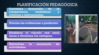 Garantiza desarrollo de la
competencia, estándares y
criterios e instrumentos.
Precisa las evidencias o productos
Establece el vinculo con otras
áreas y detemina los enfoques.
Estructura la secuencia de
actividades.
PLANIFICACIÓN PEDAGÓGICA
 