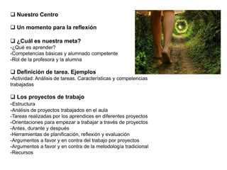  Nuestro Centro
 Un momento para la reflexión
 ¿Cuál es nuestra meta?
-¿Qué es aprender?
-Competencias básicas y alumnado competente
-Rol de la profesora y la alumna
 Definición de tarea. Ejemplos
-Actividad: Análisis de tareas. Características y competencias
trabajadas
 Los proyectos de trabajo
-Estructura
-Análisis de proyectos trabajados en el aula
-Tareas realizadas por los aprendices en diferentes proyectos
-Orientaciones para empezar a trabajar a través de proyectos
-Antes, durante y después
-Herramientas de planificación, reflexión y evaluación
-Argumentos a favor y en contra del trabajo por proyectos
-Argumentos a favor y en contra de la metodología tradicional
-Recursos
 
